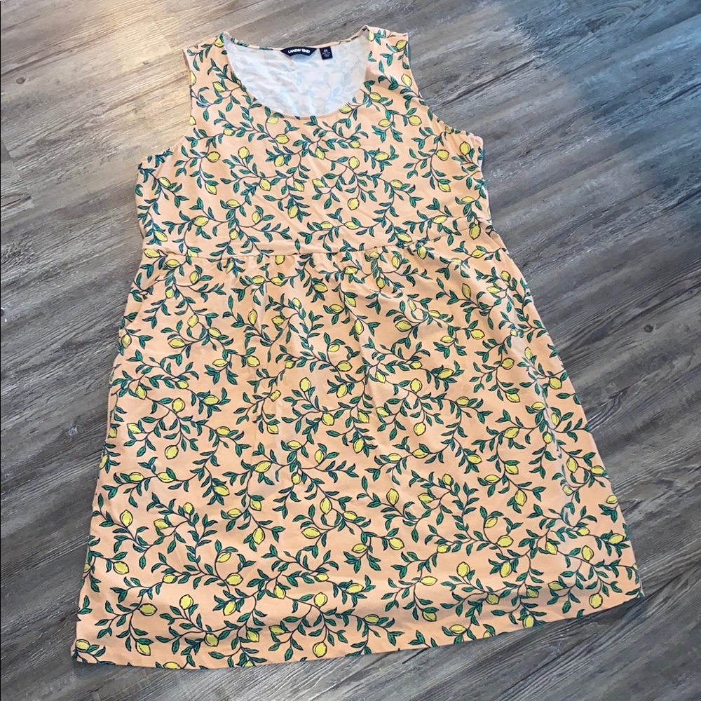 EUC LANDS END Cotton Stretch Lemon Print Dress with Pockets 2X